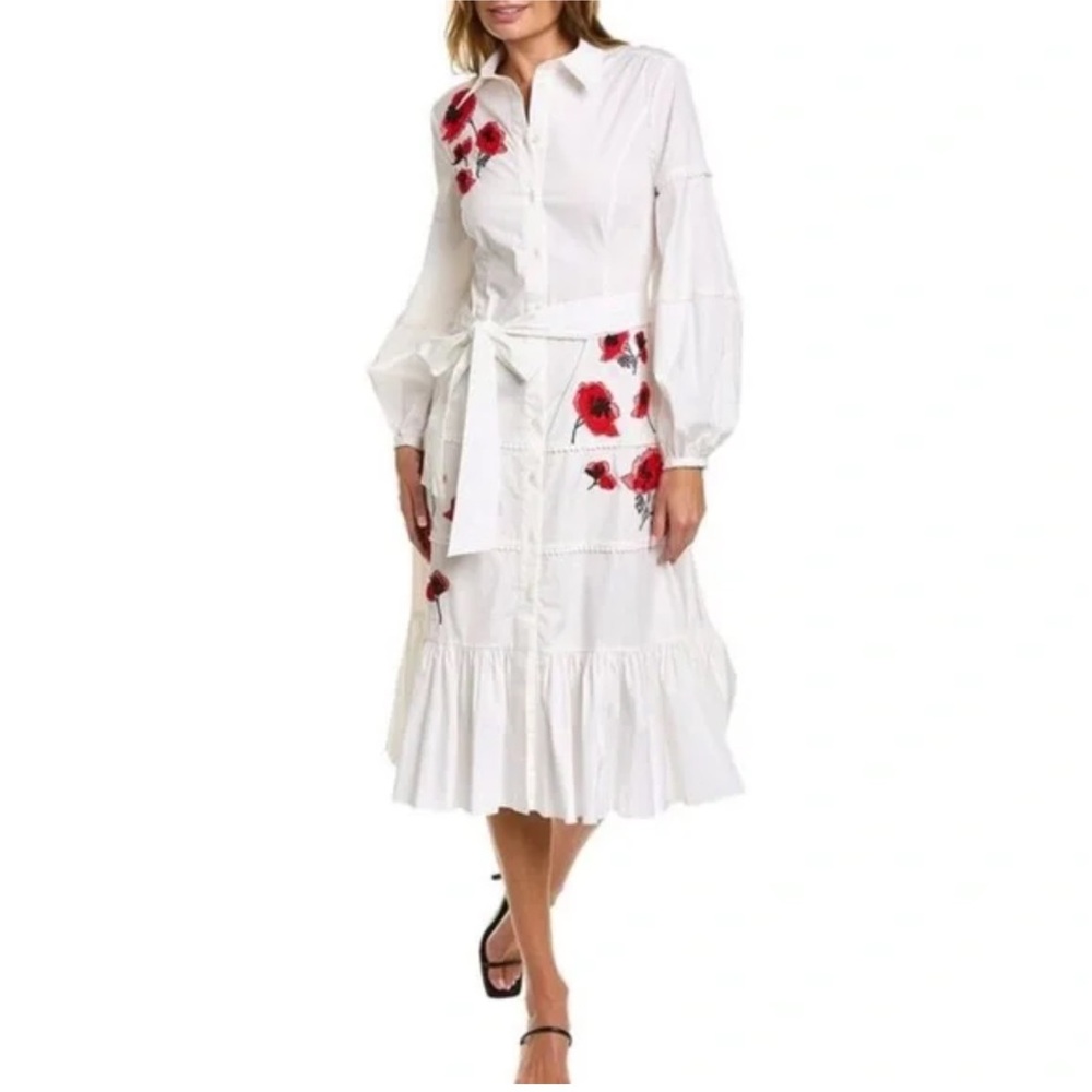 New Carolina Herrera Embroidered Midi Shirt Dress Size 8 - Picture 2 of 10